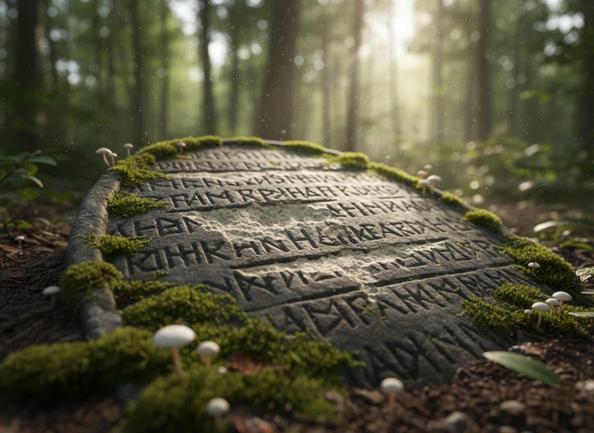 An ancient stone tablet partially unearthed from a forest floor, its surface carved with a forgotten language where certain lines have been freshly and crudely chiseled away. Rich emerald moss creeps along its edges, and delicate white mushrooms cluster in the cracks, reclaiming the relic. Shafts of soft, diffused morning light pierce the dense canopy above, illuminating floating pollen and casting dappled patterns across the tablet. The atmosphere is hushed and reverent, evoking hidden truths resurfacing after centuries. Captured in cinematic realism from a low, close-up angle, with the foreground textures of moss and stone in razor-sharp detail, while the surrounding forest dissolves into a velvety, green-toned bokeh.
