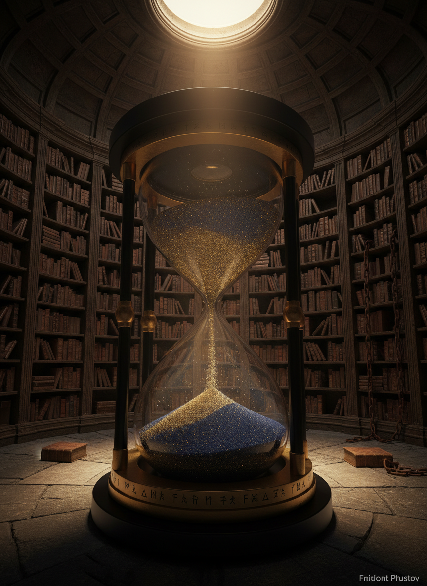 An ornate, oversized hourglass carved from obsidian and brass stands at the center of a circular stone chamber, its sand a swirling mixture of gold and midnight blue. Etched around its frame are tiny, half-erased runes and symbols, as if someone has tried to alter time itself. The chamber walls are lined with towering bookcases, some volumes missing, others chained shut. A single shaft of warm, late-afternoon light falls from an oculus in the ceiling, igniting the glint of the sand as it falls. The mood is contemplative and tense, suggesting power and its consequences. Shot in a cinematic, wide-angle composition at eye level, with sharp focus on the hourglass and a gentle vignette drawing the viewer inward.