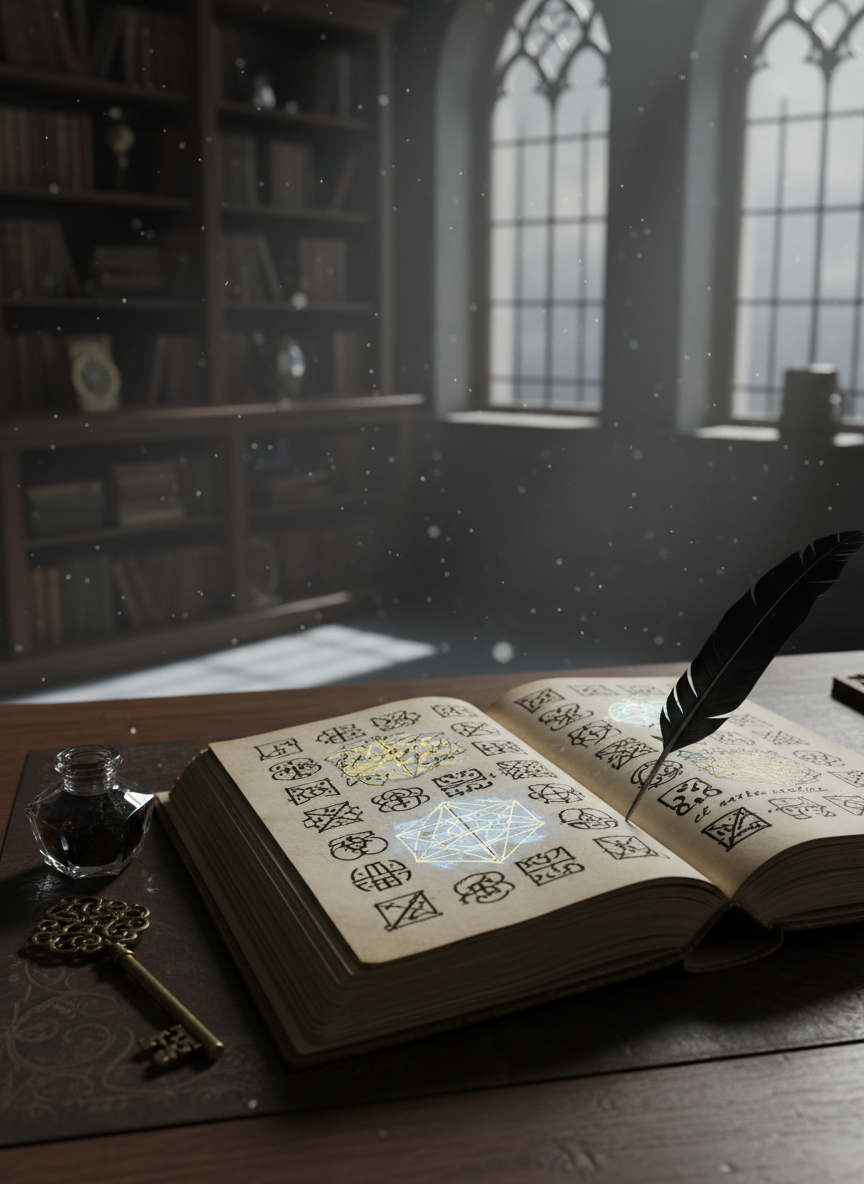 A worn leather-bound grimoire lying open on a dark walnut writing desk, its thick cream pages filled with intricate, hand-inked sigils and faintly illuminated diagrams. Beside it rests an antique brass key and a crystal inkwell, the nib of a black-feather quill poised above a half-finished sentence. Moonlight filters through tall, leaded windows, casting silver bars across the scene and catching motes of dust in the air. The atmosphere feels secretive and sophisticated, as though history is being quietly rewritten. Captured in cinematic, photographic realism from a slightly elevated angle with a shallow depth of field, the book in sharp focus while the gothic shelves of shadowy, leather-spined tomes blur into the background.