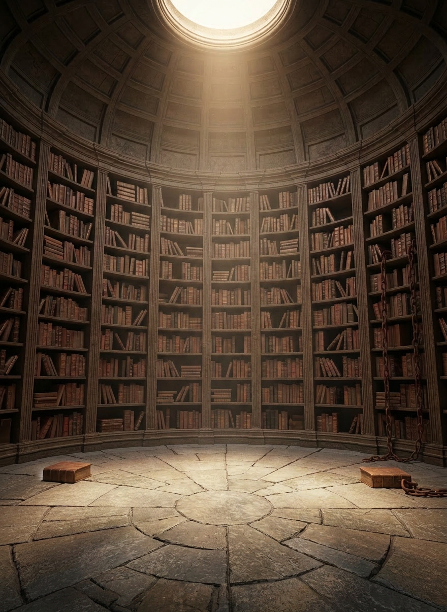 An ornate, oversized hourglass carved from obsidian and brass stands at the center of a circular stone chamber, its sand a swirling mixture of gold and midnight blue. Etched around its frame are tiny, half-erased runes and symbols, as if someone has tried to alter time itself. The chamber walls are lined with towering bookcases, some volumes missing, others chained shut. A single shaft of warm, late-afternoon light falls from an oculus in the ceiling, igniting the glint of the sand as it falls. The mood is contemplative and tense, suggesting power and its consequences. Shot in a cinematic, wide-angle composition at eye level, with sharp focus on the hourglass and a gentle vignette drawing the viewer inward.